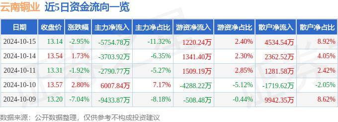 股票行情快报：云南铜业（000878）10月15日主力资金净卖出5754.78万元