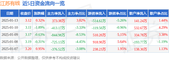 股票行情快报：江苏有线（600959）1月13日主力资金净买入373.38万元