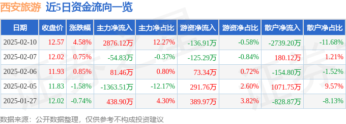 股票行情快报：西安旅游（000610）2月10日主力资金净买入2876.12万元