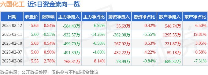 股票行情快报：六国化工（600470）2月12日主力资金净卖出584.43万元