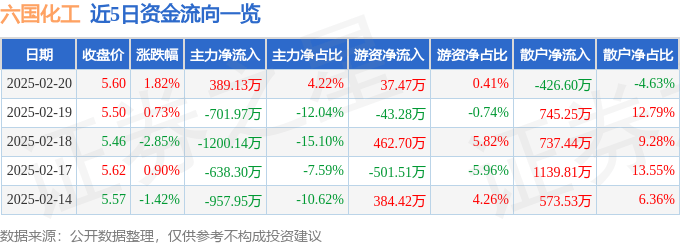 股票行情快报：六国化工（600470）2月20日主力资金净买入389.13万元